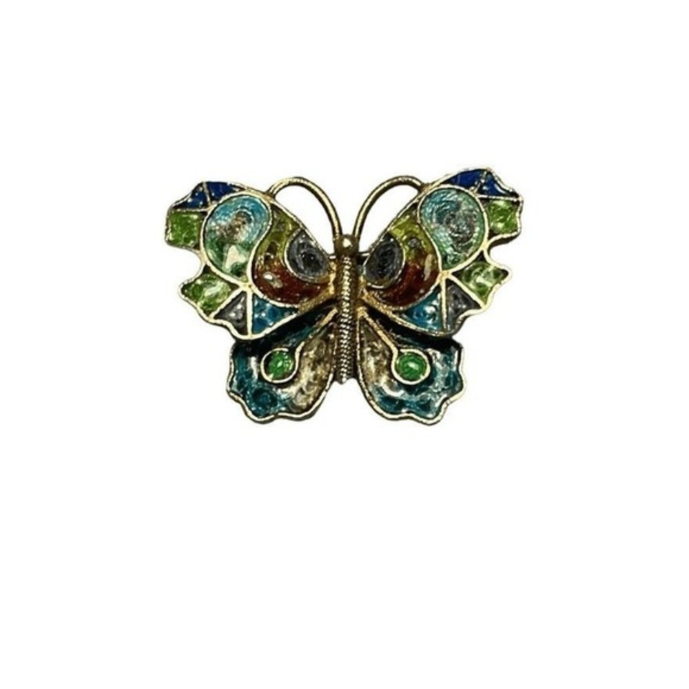 Vintage Butterfly‎ Brooch Enamel 925 Silver Blue Green Gold Vermeil Filigree Pin